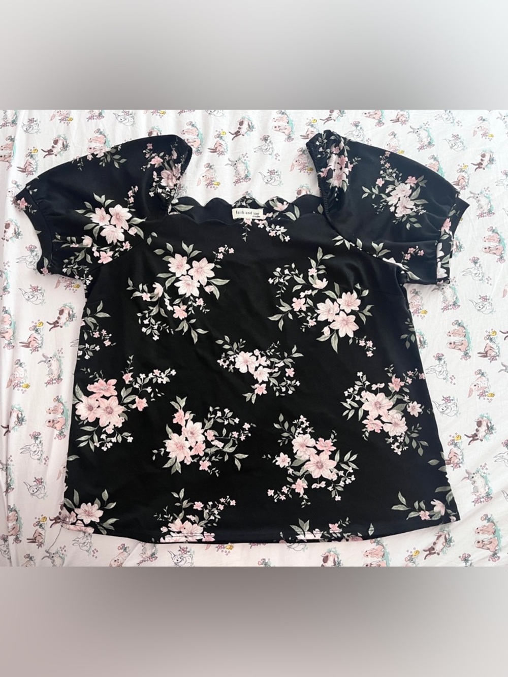 Faith and Joy Black Top with Pink Floral Print